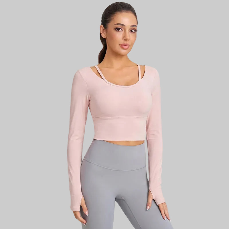 Weiman Bare Feel Antibacterial Yoga Long Sleeve Top, Faux 2-Piece, Bra Cups - Light Pink