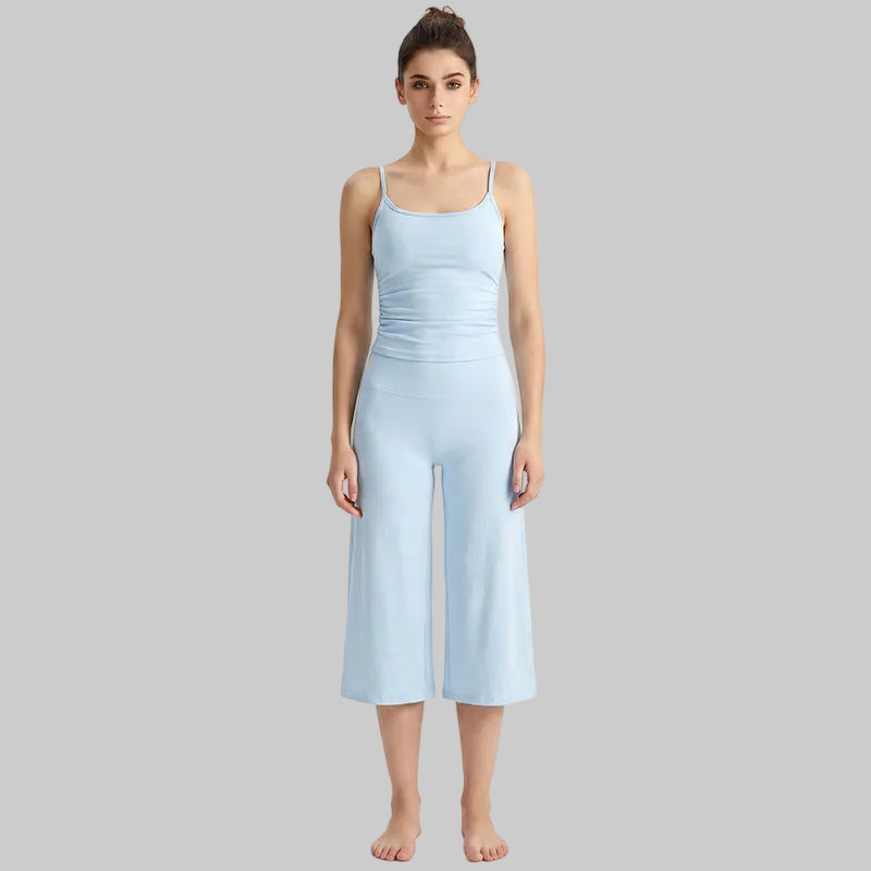 Women’s Brushed Yoga Set — Adjustable Straps Ruched Top & Wide-Leg Pants - Mystic Blue