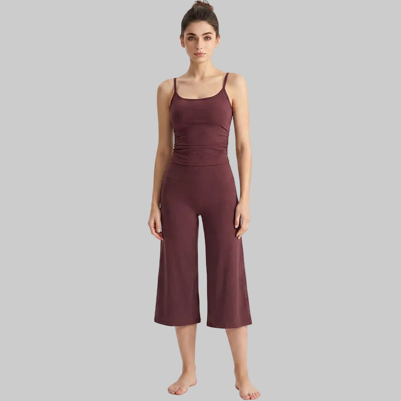 Women’s Brushed Yoga Set — Adjustable Straps Ruched Top & Wide-Leg Pants - Wine Red