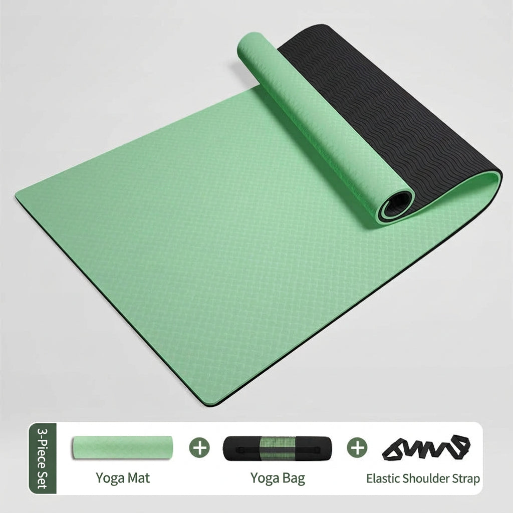 Extra Thick TPE Yoga Mat, Non-Slip Fitness Floor Mat for Home Gym, Dance - Matcha Green-Dark Gray-Net Bag