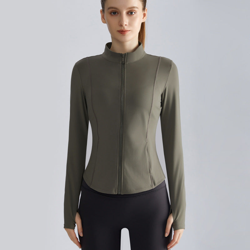 Women’s Zip-Up Fitness Jacket — Stand Collar, Quick-Dry Running Workout Top - Khaki Brown
