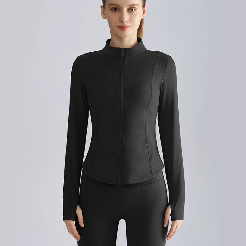 Women’s Zip-Up Fitness Jacket — Stand Collar, Quick-Dry Running Workout Top - Fashion Black