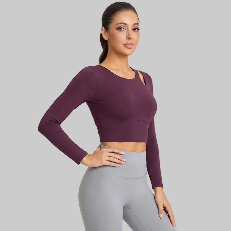 Wymen Antibacterial Long Sleeve Pilates Yoga Top — Built-In Bra Support - CXD-5179 Purple Plum