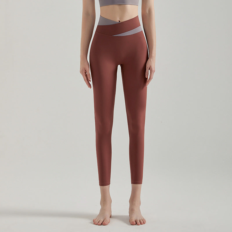 Women High-Waist Cross-Color Yoga Pants — Butt-Lift Leggings for Running - CK-254 Orange