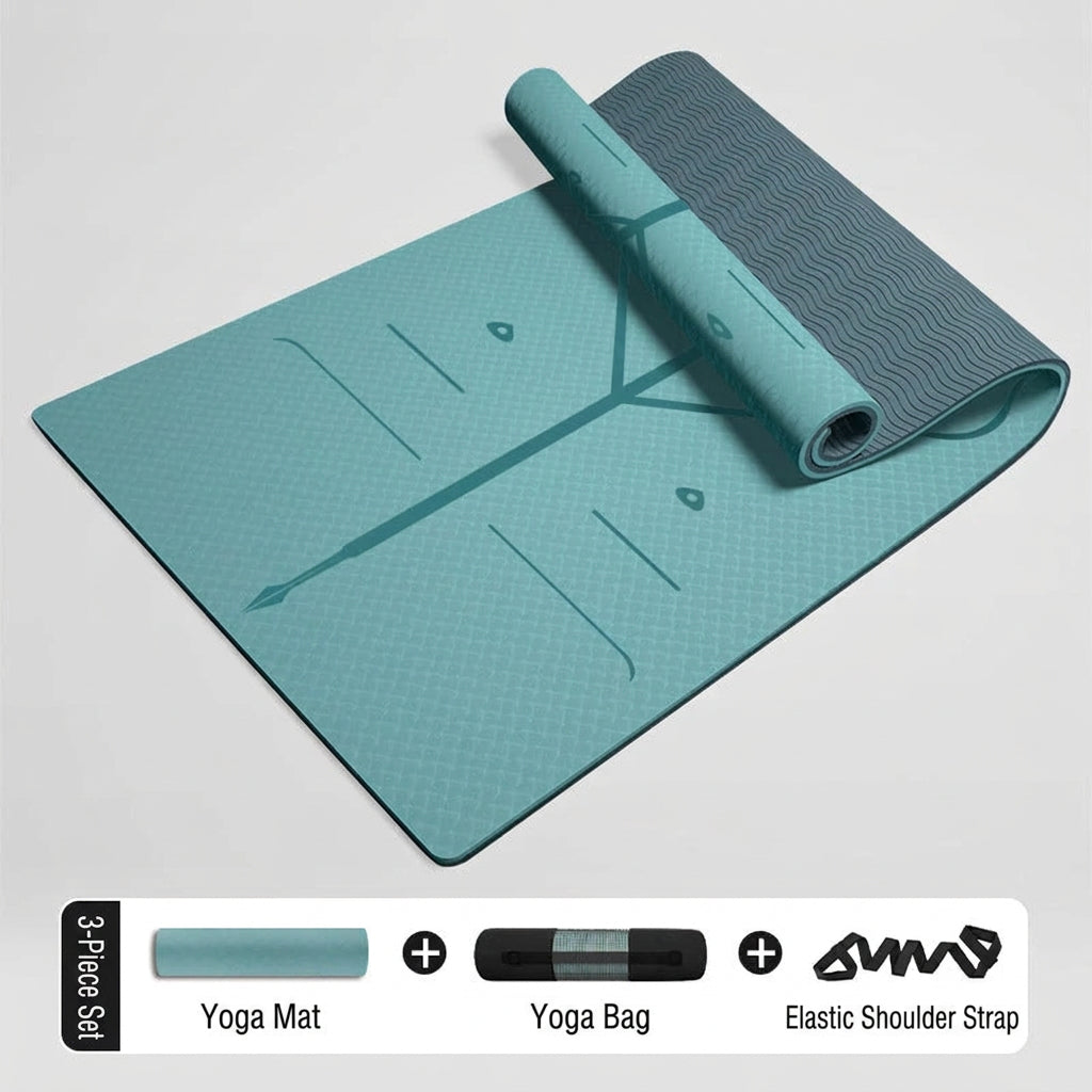 Extra Thick TPE Yoga Mat, Non-Slip Fitness Floor Mat for Home Gym, Dance - Light Blue-Deep Blue-Position Line-Net Bag
