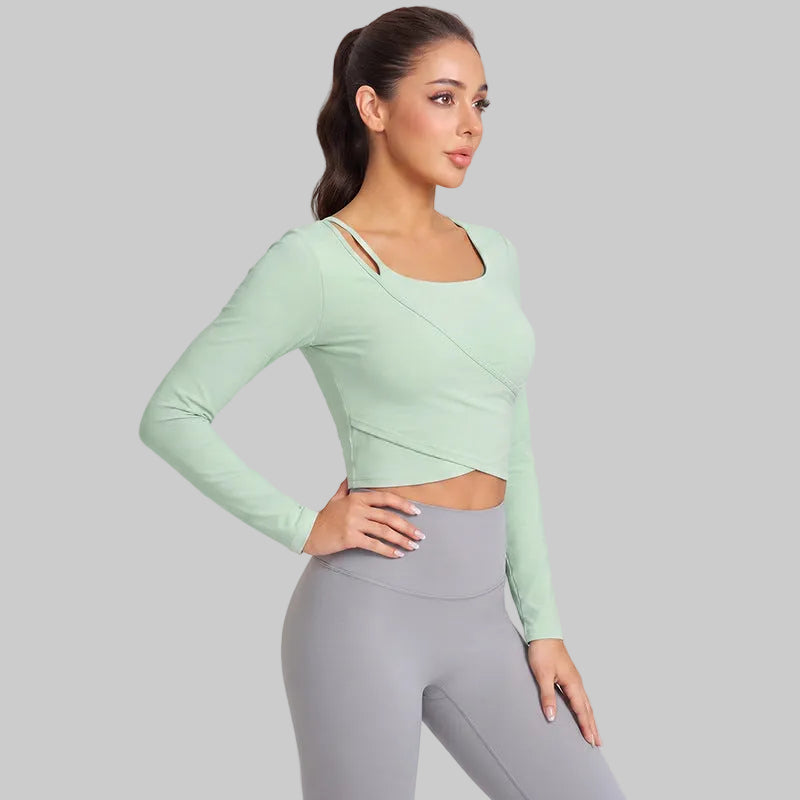Women’s Hollow One-Shoulder Long Sleeve Yoga Top With Built-In Cups - Smoke Green