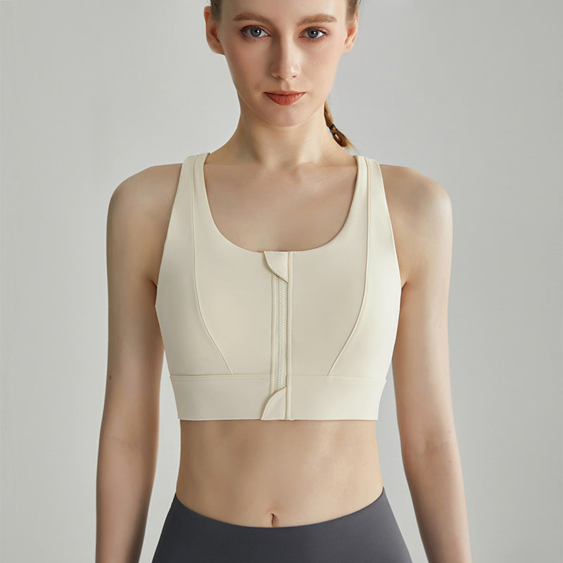 Weiman Front Zipper Sports Bra Tank — Padded, Anti-Bounce, Yoga Running - Ivory White