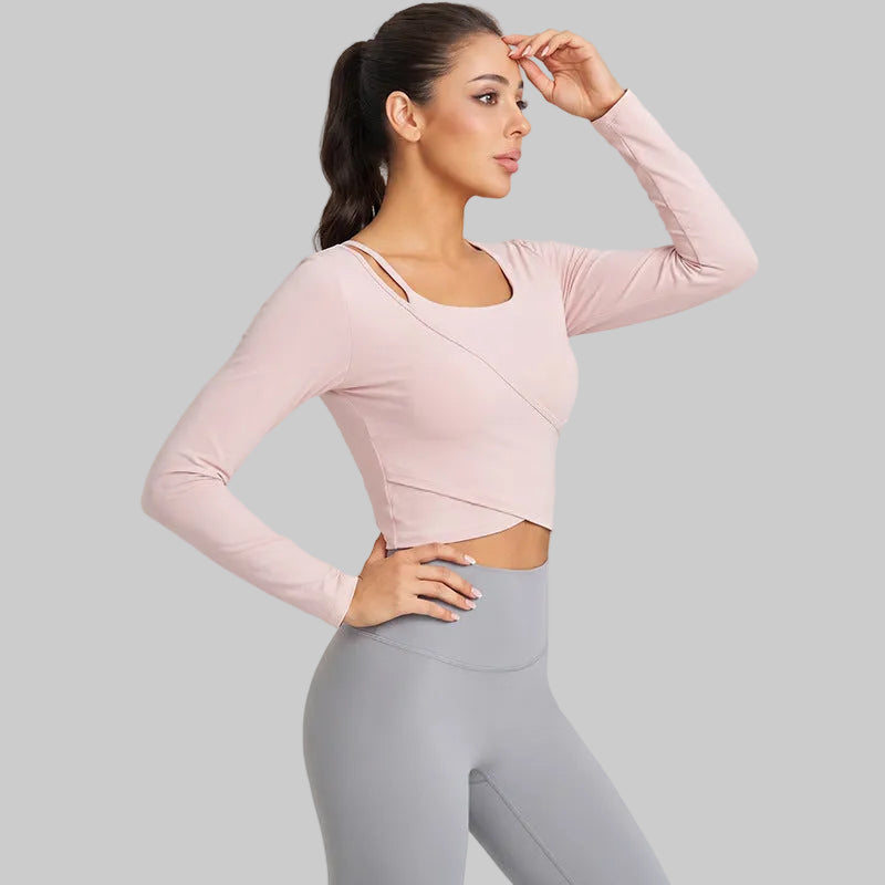 Women’s Hollow One-Shoulder Long Sleeve Yoga Top With Built-In Cups - Strawberry Milkshake