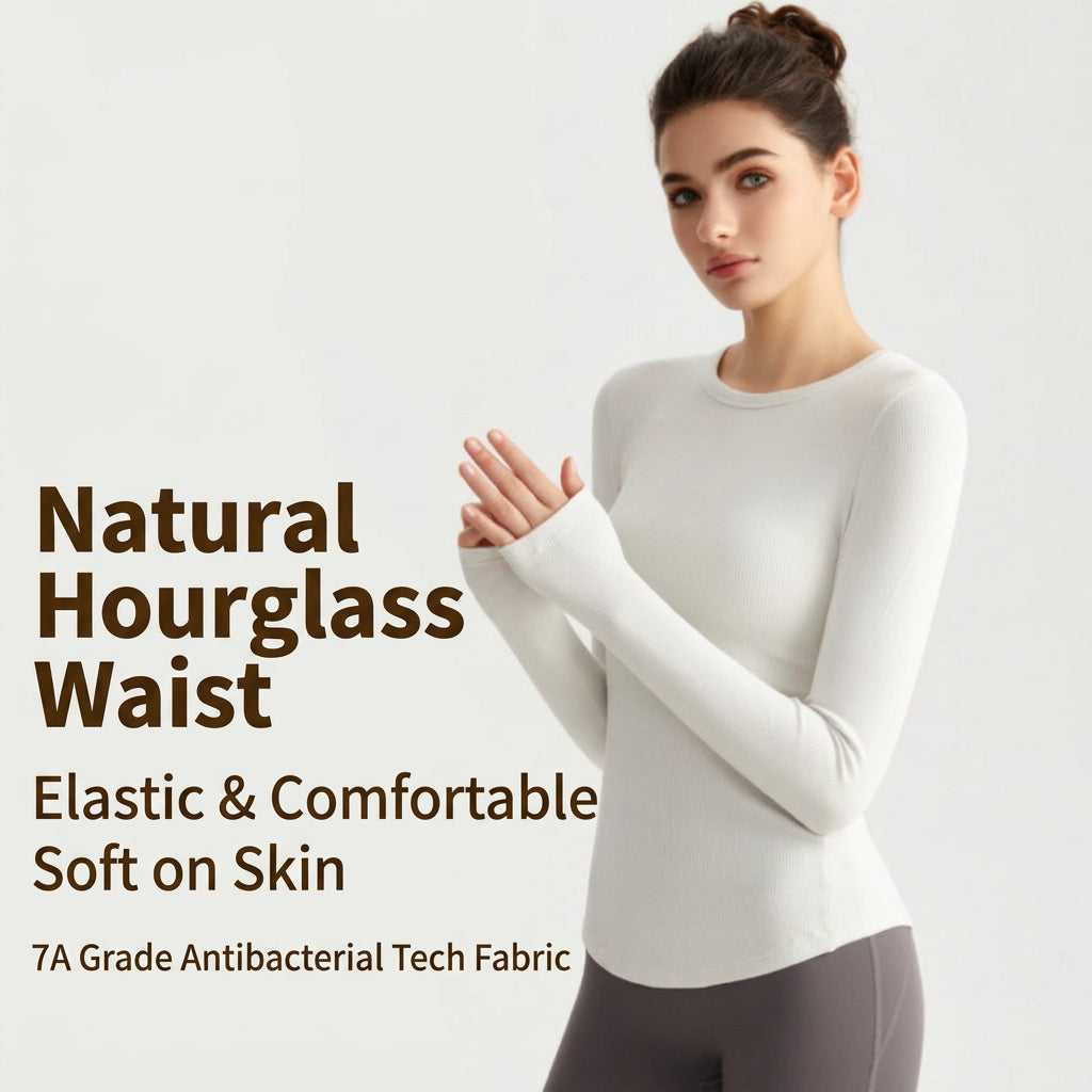 LAHN Women’s Long Sleeve Yoga Top — Crew Neck, Fitted, Thumb Loop