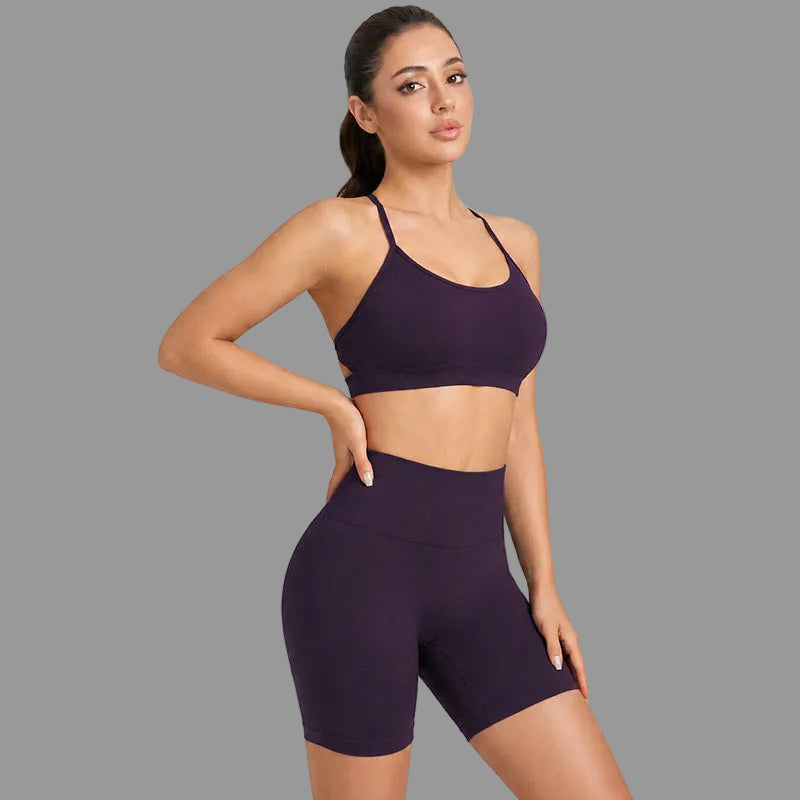 Women’s Crisscross Back Yoga Sports Bra Set — Padded, High-Waist Shorts - Magenta Purple