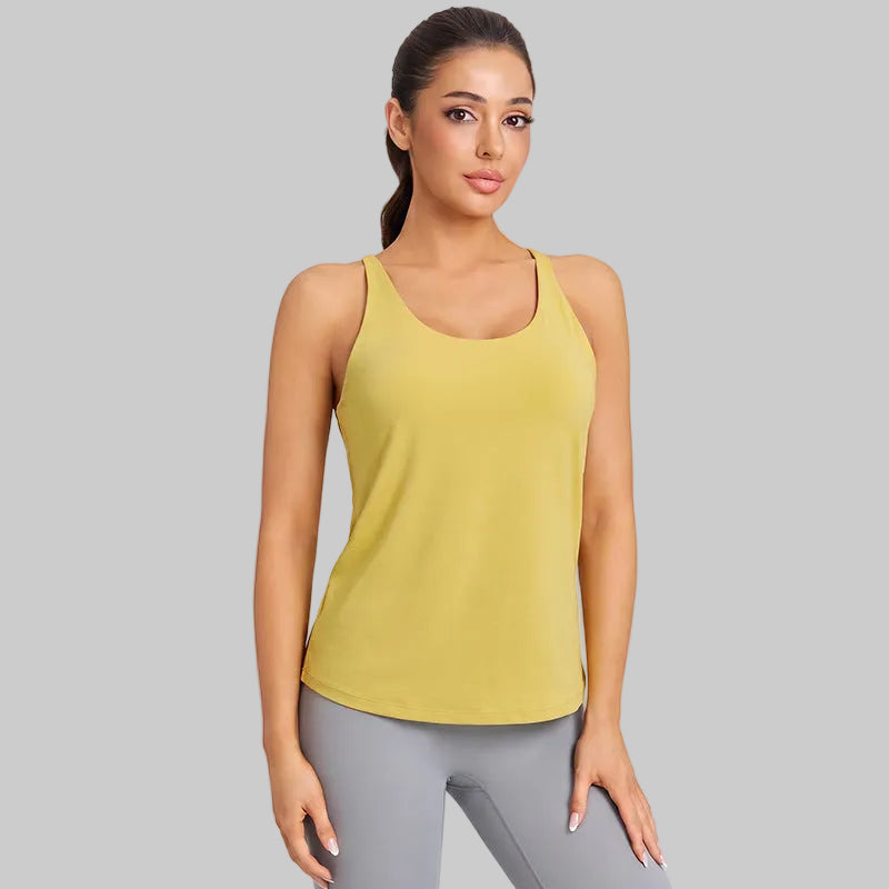 Women’s Hollow Back Yoga Tank — Crossover Sports Bra Layered Look - BXD-5075 Autumn Gold