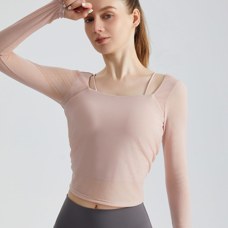 Weiman Sports Yoga Top With Built-In Bra Pads, Mesh Long Sleeve for Workout - CX-5130 Blush Pink