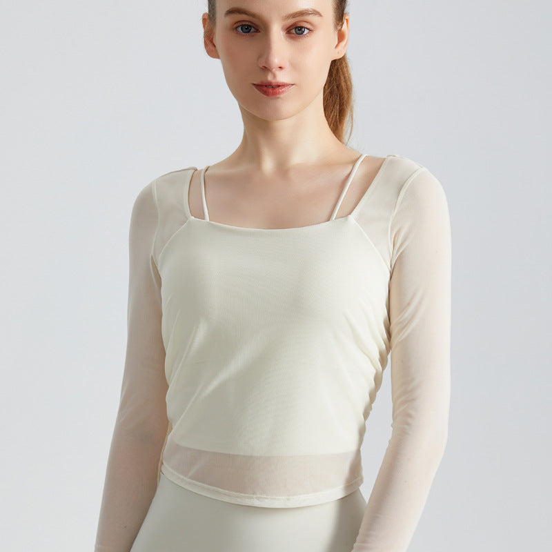 Weiman Sports Yoga Top With Built-In Bra Pads, Mesh Long Sleeve for Workout - CX-5130 Ivory White