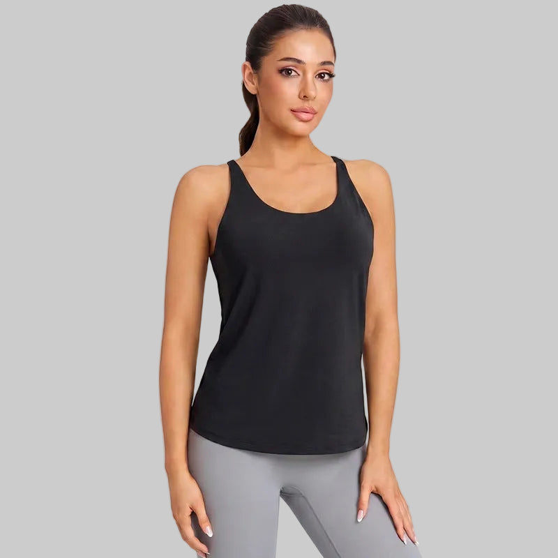 Women’s Hollow Back Yoga Tank — Crossover Sports Bra Layered Look - BXD-5075 Starry Black