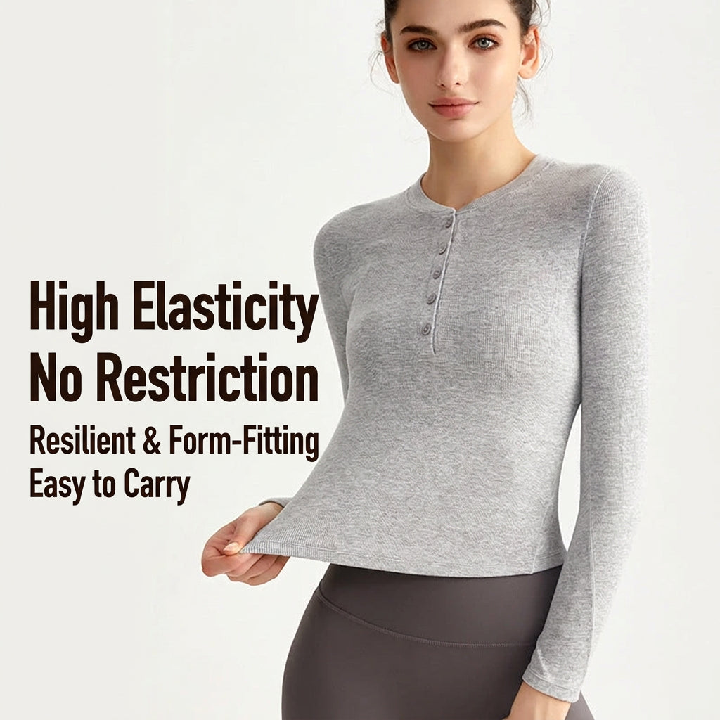 Wewman Early Fall Yoga Long Sleeve Henley T-Shirt, Slim Fit Workout Top