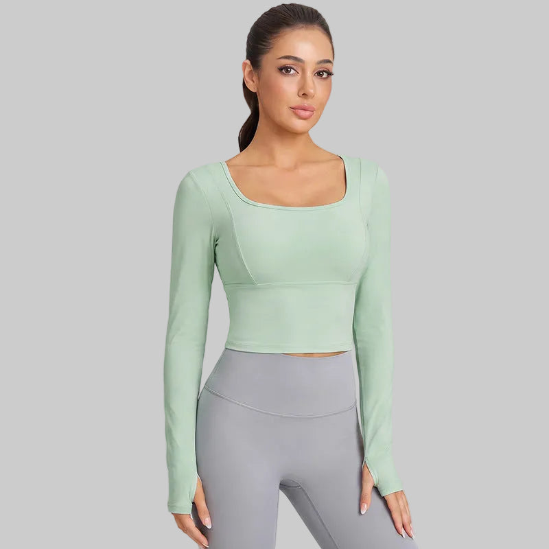 Weiman Interwoven Cross-Back Long Sleeve Yoga Top, Antimicrobial Bra Cups - CX-5128 Light Mint Green