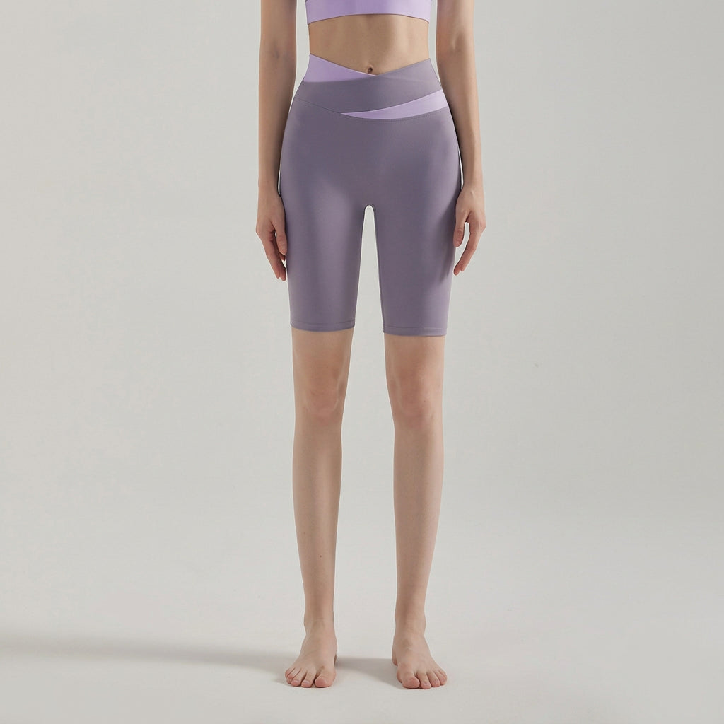 Women’s Colorblock Yoga Shorts, High Waist Cross Waist, Tummy Control 5-Inch