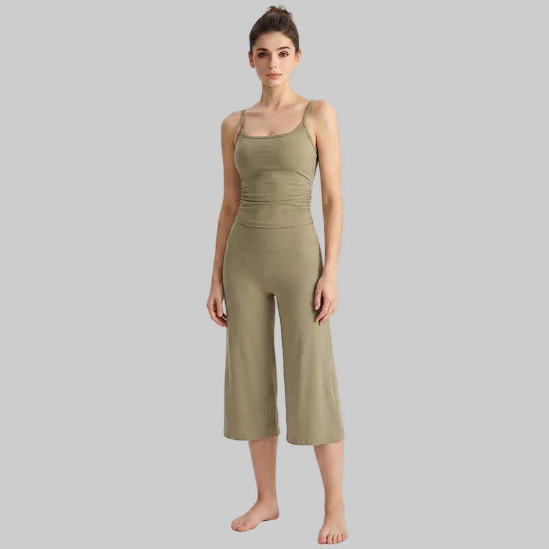 Women’s Brushed Yoga Set — Adjustable Straps Ruched Top & Wide-Leg Pants - Warm Khaki