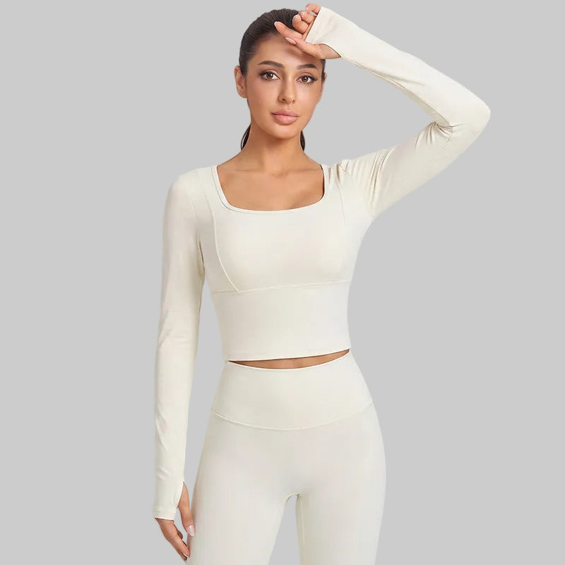Weiman Interwoven Cross-Back Long Sleeve Yoga Top, Antimicrobial Bra Cups - CX-5128 Ivory White