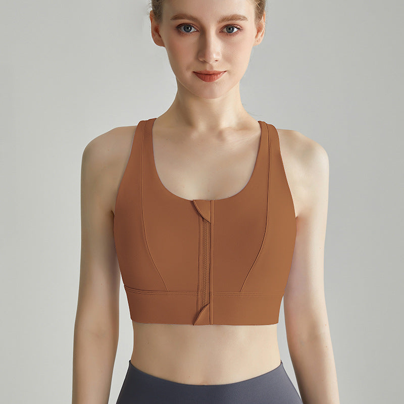 Weiman Front Zipper Sports Bra Tank — Padded, Anti-Bounce, Yoga Running - Saddle Brown