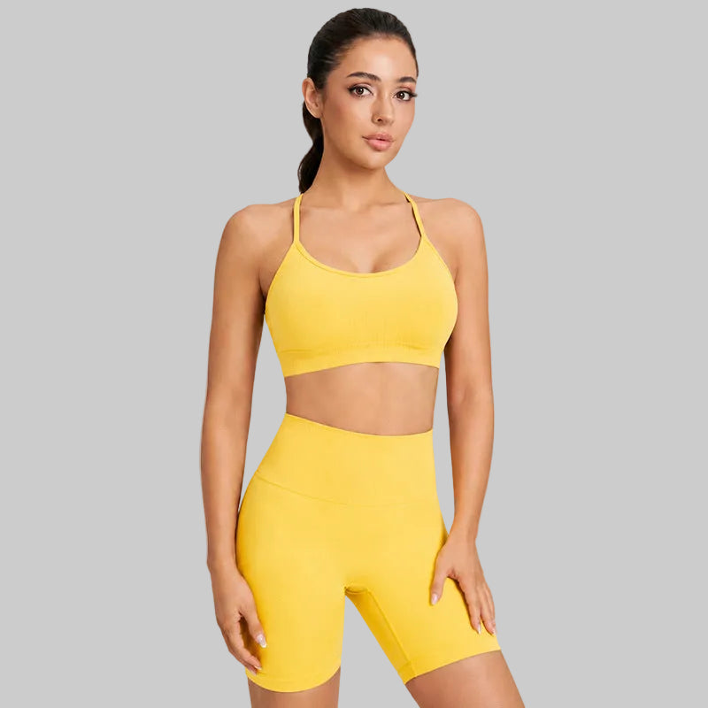 Women’s Crisscross Back Yoga Sports Bra Set — Padded, High-Waist Shorts