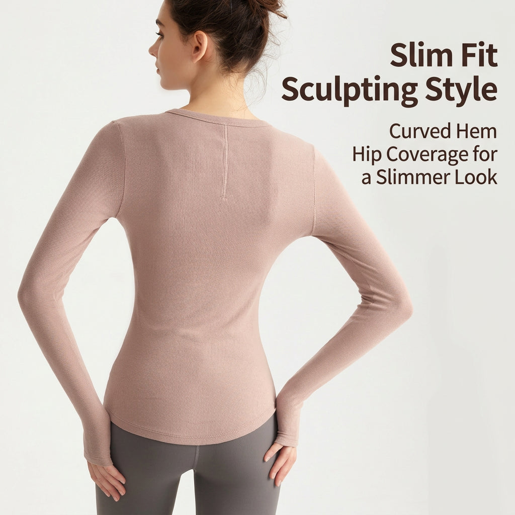 LAHN Women’s Long Sleeve Yoga Top — Crew Neck, Fitted, Thumb Loop