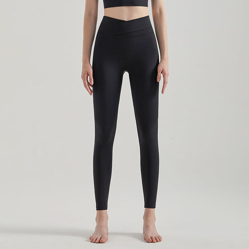 Women High-Waist Cross-Color Yoga Pants — Butt-Lift Leggings for Running - CK-254 Black