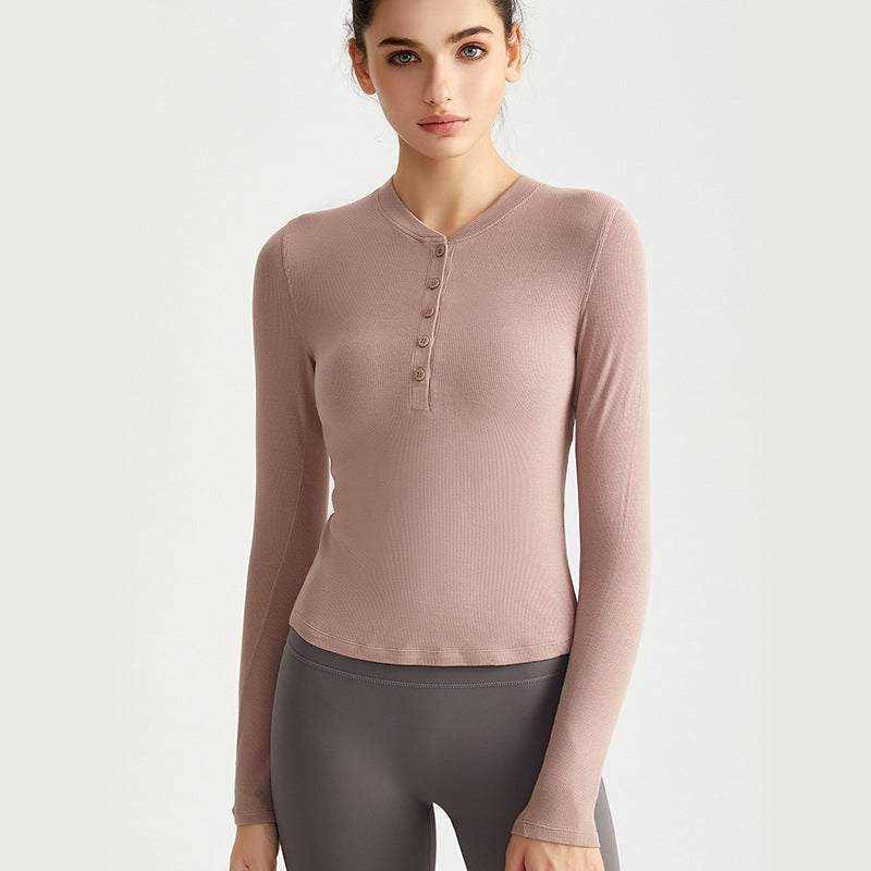 Wewman Early Fall Yoga Long Sleeve Henley T-Shirt, Slim Fit Workout Top - CX-5021 Dusk Rose Brown