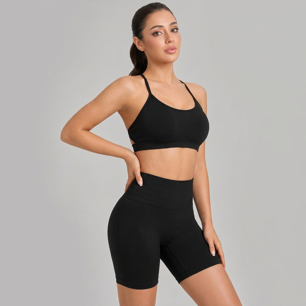 Women’s Crisscross Back Yoga Sports Bra Set — Padded, High-Waist Shorts - Midnight Black