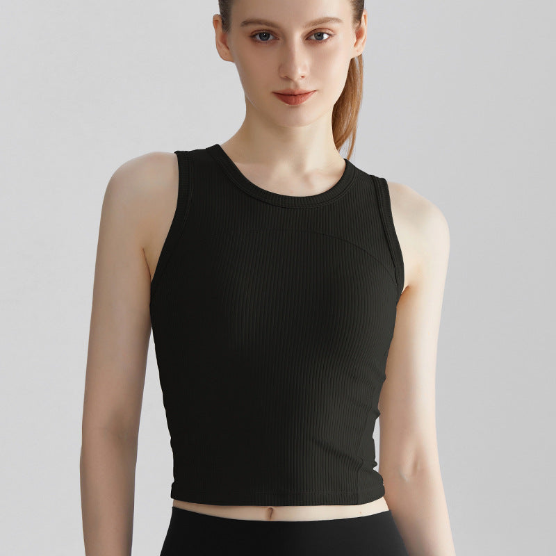 Women’s Ribbed Sports Tank Top — Fixed Support Padded Yoga Vest - Shooting Star Black