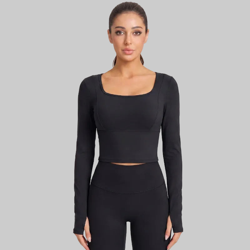 Weiman Interwoven Cross-Back Long Sleeve Yoga Top, Antimicrobial Bra Cups - CX-5128 Zhaishi Black