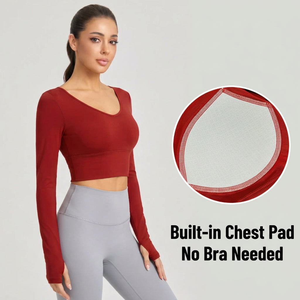 Women’s Backless Long Sleeve Yoga Shirt — Hollow Mesh, Antibacterial, Bra Pad