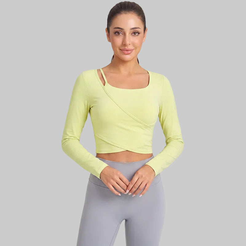 Women Hollow Off-Shoulder Long Sleeve Yoga Top With Built-In Pads - Lime Cream