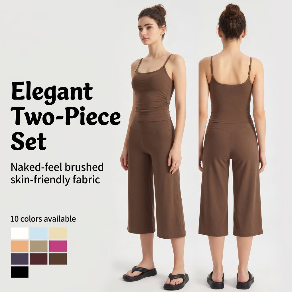 Women’s Brushed Yoga Set — Adjustable Straps Ruched Top & Wide-Leg Pants
