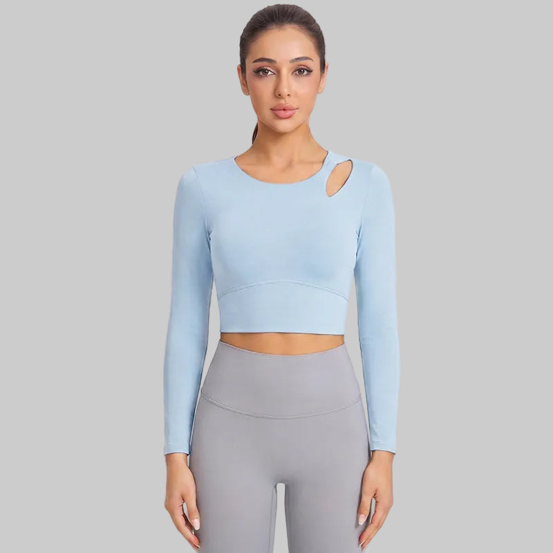 Wymen Antibacterial Long Sleeve Pilates Yoga Top — Built-In Bra Support - CXD-5179 Windmill Blue