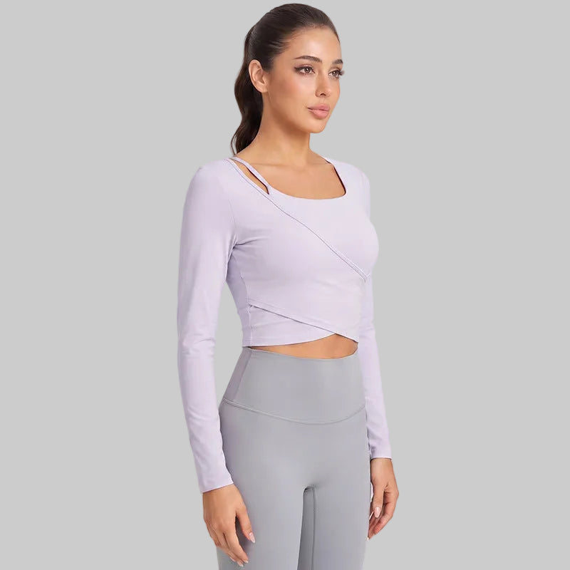 Women’s Hollow One-Shoulder Long Sleeve Yoga Top With Built-In Cups - Smoke Purple