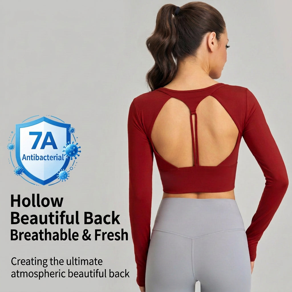 Women’s Backless Long Sleeve Yoga Shirt — Hollow Mesh, Antibacterial, Bra Pad