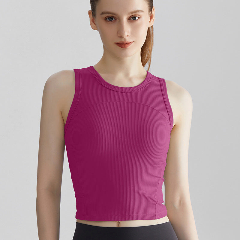 Women’s Ribbed Sports Tank Top — Fixed Support Padded Yoga Vest - Wild Berry