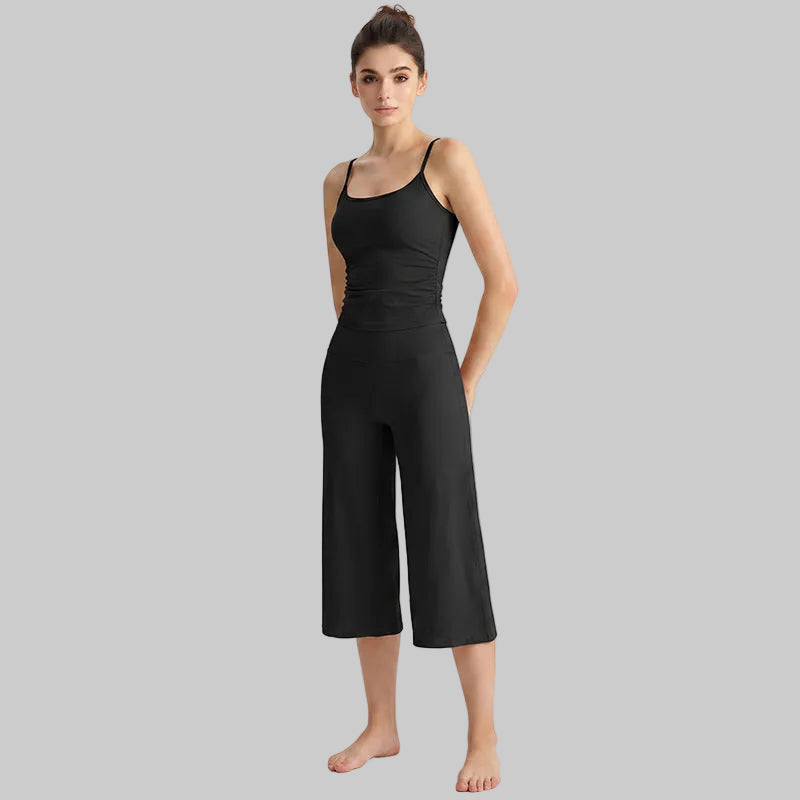 Women’s Brushed Yoga Set — Adjustable Straps Ruched Top & Wide-Leg Pants - Premium Black