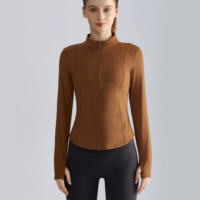 Women’s Zip-Up Fitness Jacket — Stand Collar, Quick-Dry Running Workout Top - Dark Orange