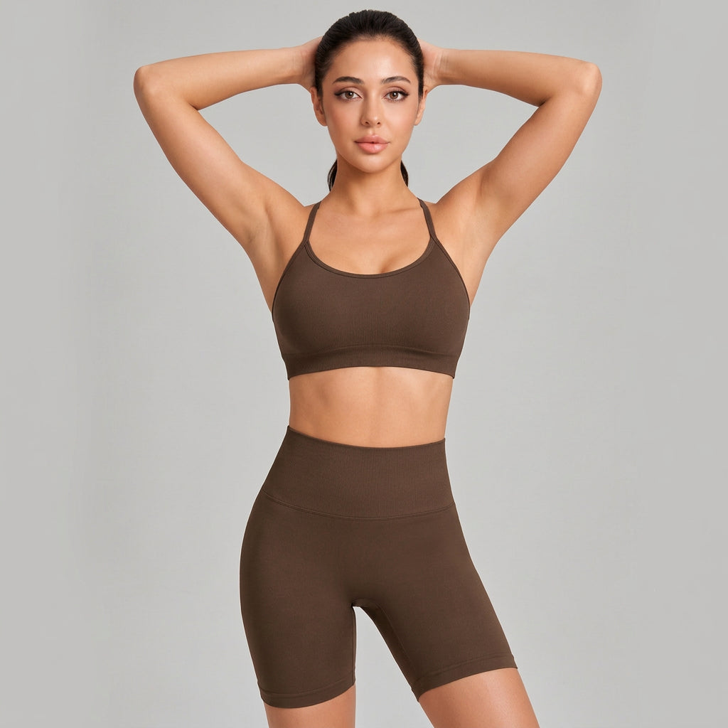 Women’s Crisscross Back Yoga Sports Bra Set — Padded, High-Waist Shorts - Hot Chocolate Brown
