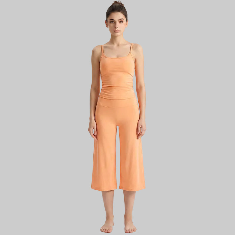 Women’s Brushed Yoga Set — Adjustable Straps Ruched Top & Wide-Leg Pants - Warm Orange