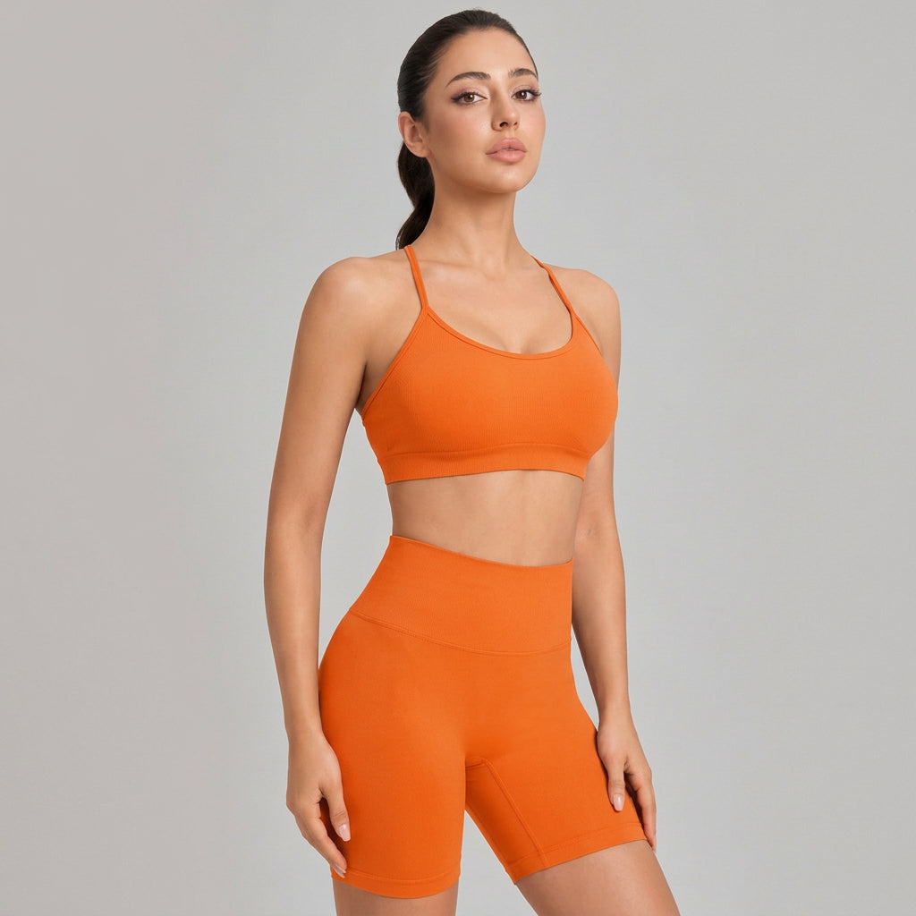Women’s Crisscross Back Yoga Sports Bra Set — Padded, High-Waist Shorts - Vibrant Orange