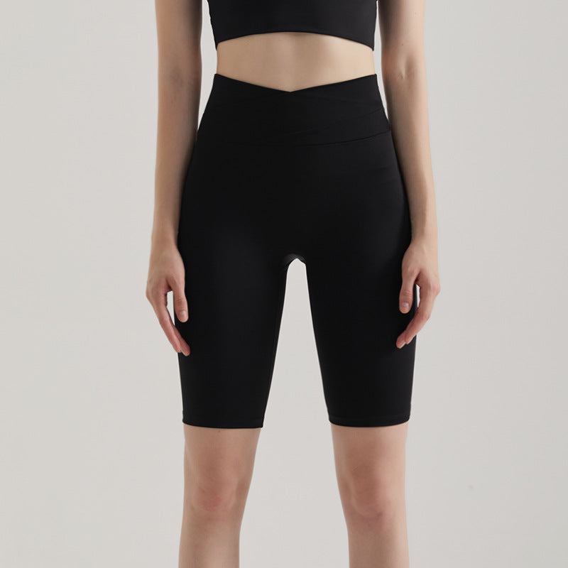 Women’s Colorblock Yoga Shorts, High Waist Cross Waist, Tummy Control 5-Inch - Black