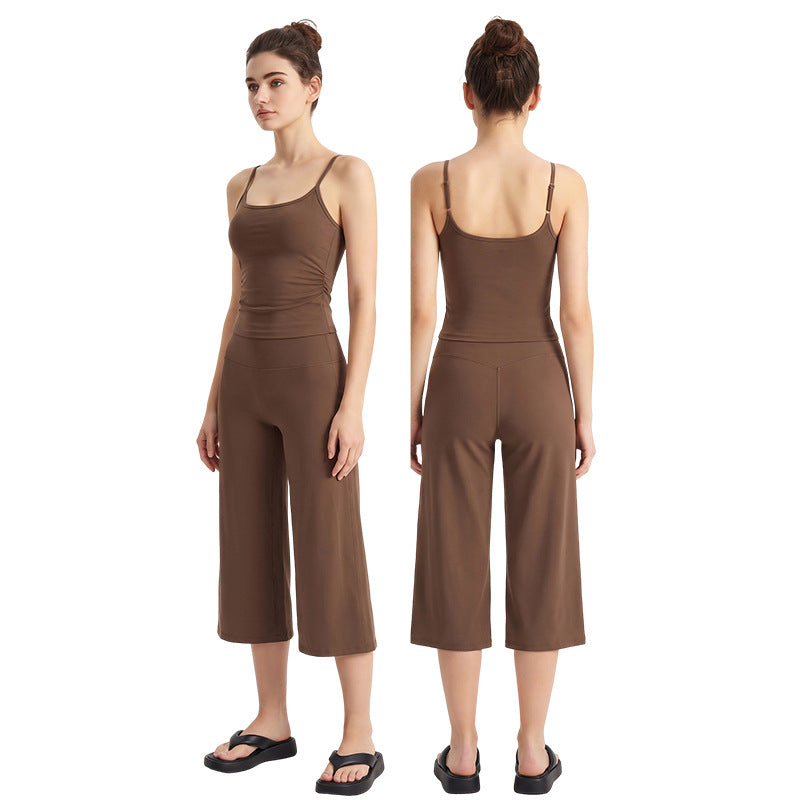 Women’s Brushed Yoga Set — Adjustable Straps Ruched Top & Wide-Leg Pants