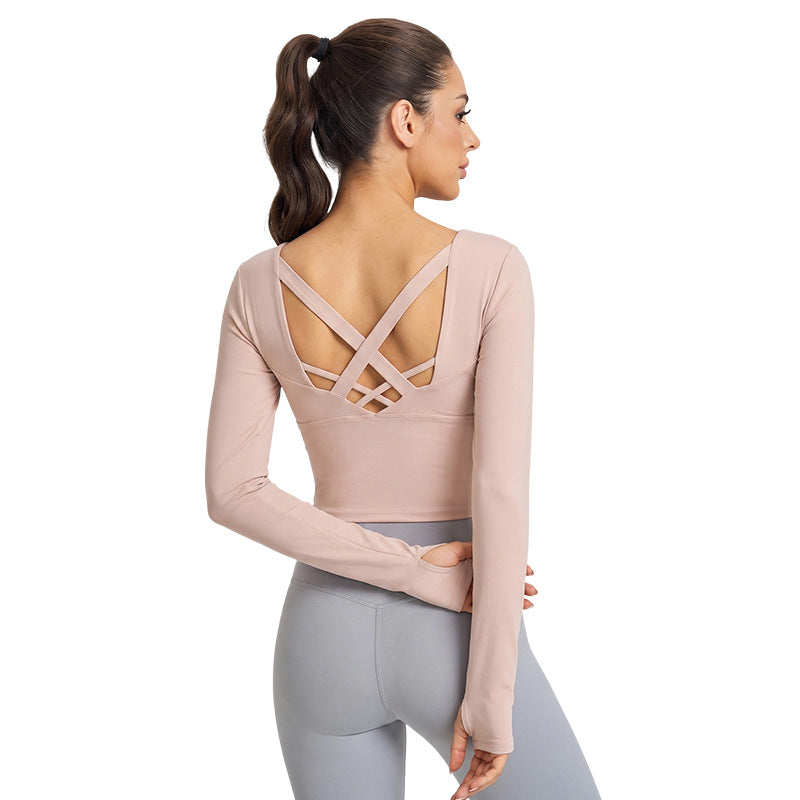 Weiman Interwoven Cross-Back Long Sleeve Yoga Top, Antimicrobial Bra Cups