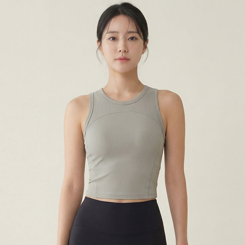 Weeman Ribbed Antibacterial Yoga Tank Top With Built-In Bra Cups for Women - Raw Linen