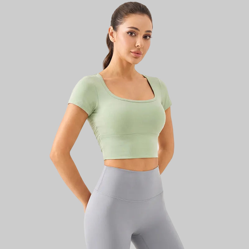Women’s Summer Lightweight Yoga Top, Short Sleeve Mesh With Fixed Cups - DXD-5096 Mid Gray-Green