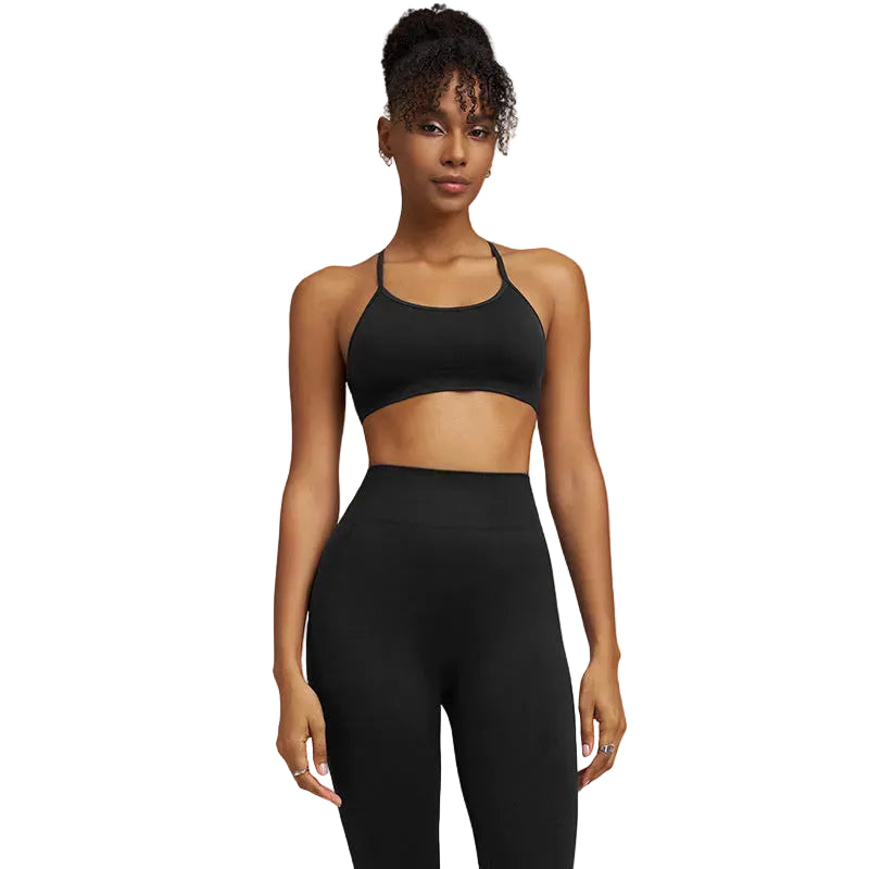 Women’s Crossover Back Sports Bra and High-Waist Leggings Workout Set - Midnight Black