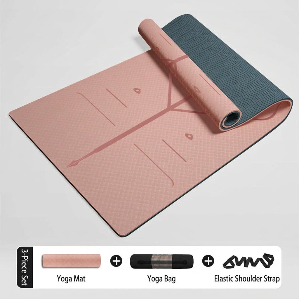 Extra Thick TPE Yoga Mat, Non-Slip Fitness Floor Mat for Home Gym, Dance - Dark Pink-Deep Blue-Position Line-Net Bag
